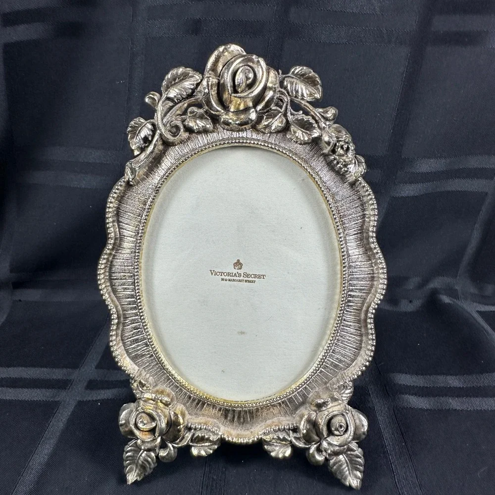 Victorias Secret Vintage Silver Rose Oval Picture‎ Frame Floral Ornate 5x7